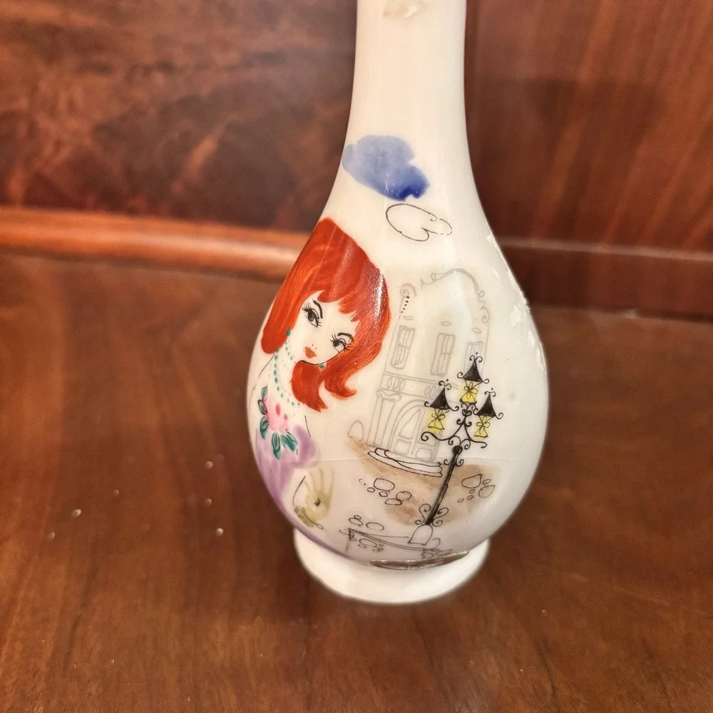 Vintage Enesco Femme Faire Hand Painted‎ Girl Vases Pair Mid Century 6